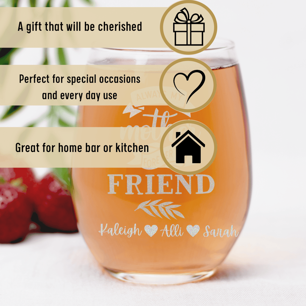 Personalized Moms Forever Friend Stemless Wine Glass for her, Customized Gifts for Women by Groovy Girl Gifts