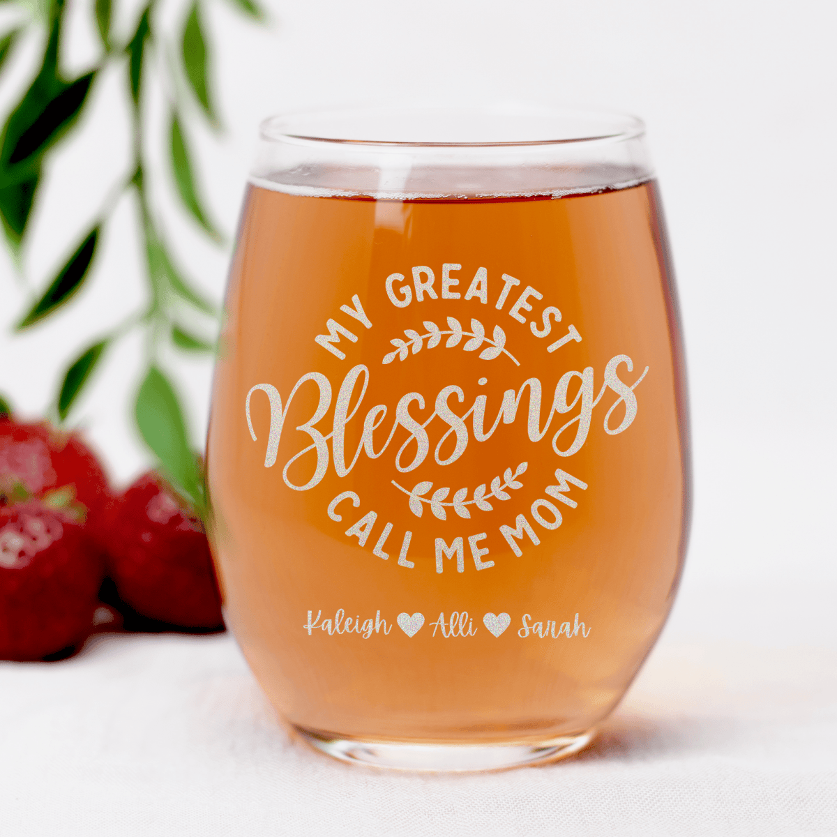 Personalized Moms Greatest Blessings Stemless Wine Glass for her, Customized Gifts for Women by Groovy Girl Gifts