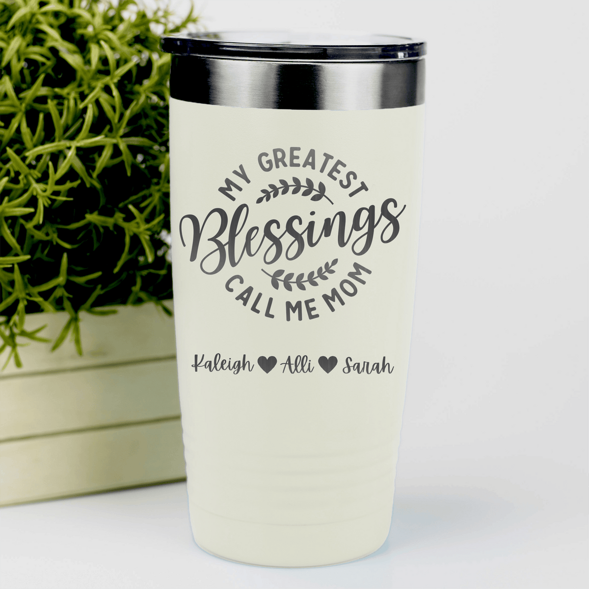 White Mothers Day Tumbler With Moms Greatest Blessings Design