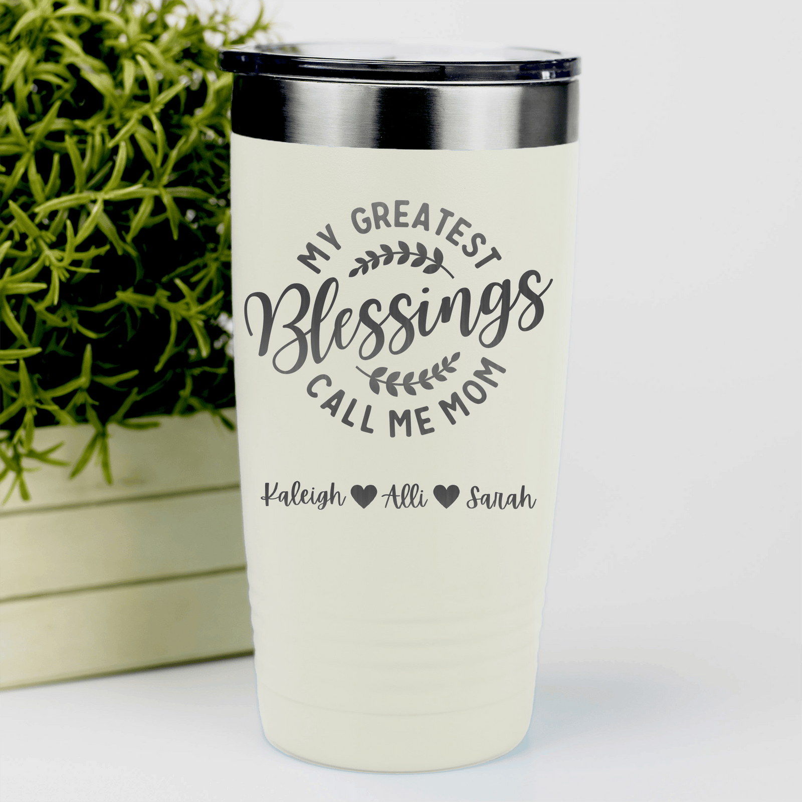 White Mothers Day Tumbler With Moms Greatest Blessings Design