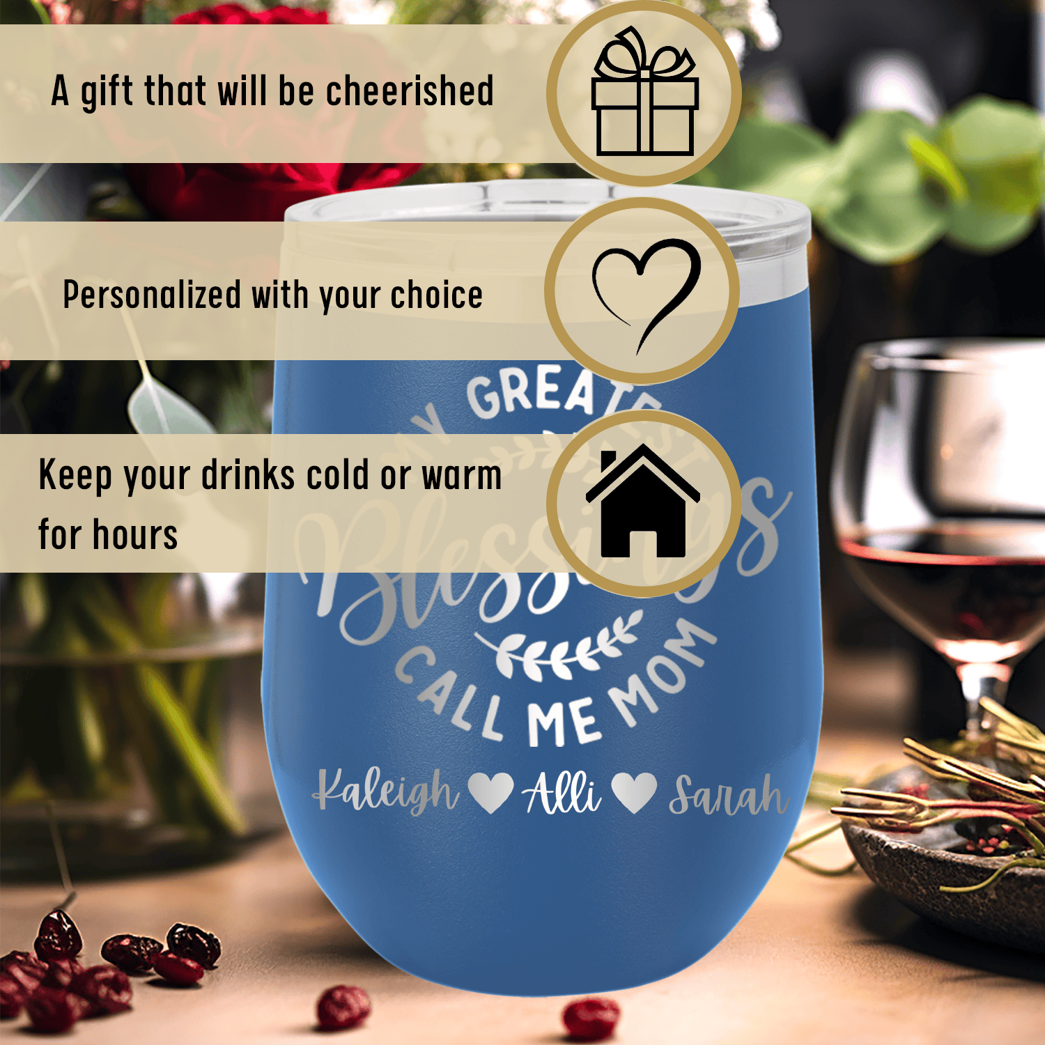 Personalized Moms Greatest Blessings Wine Tumbler for her, Customized Gifts for Women by Groovy Girl Gifts