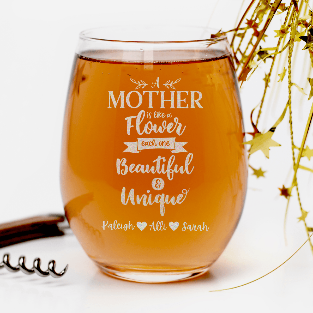 Personalized Mothers Are Like Flowers Stemless Wine Glass for her, Customized Gifts for Women by Groovy Girl Gifts