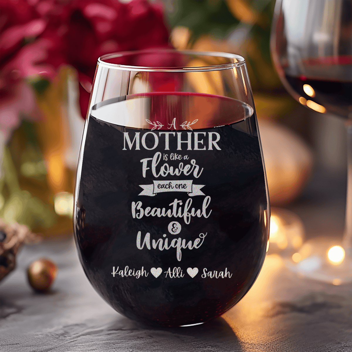 Personalized Mothers Are Like Flowers Stemless Wine Glass for her, Customized Gifts for Women by Groovy Girl Gifts