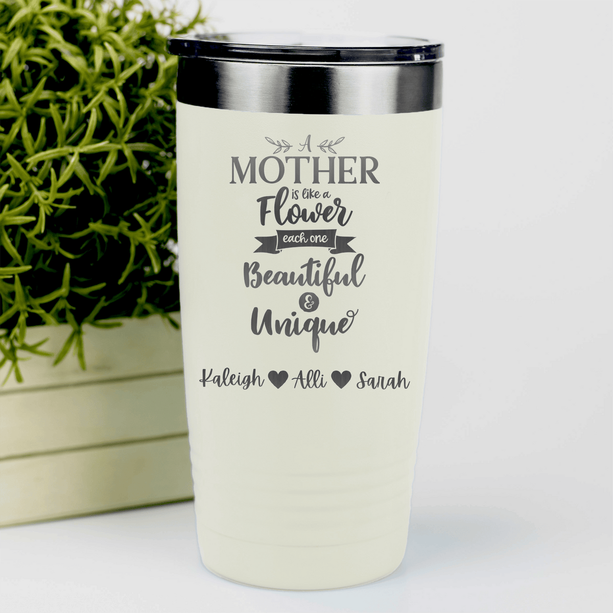 White Mothers Day Tumbler With Mothers Are Like Flowers Design