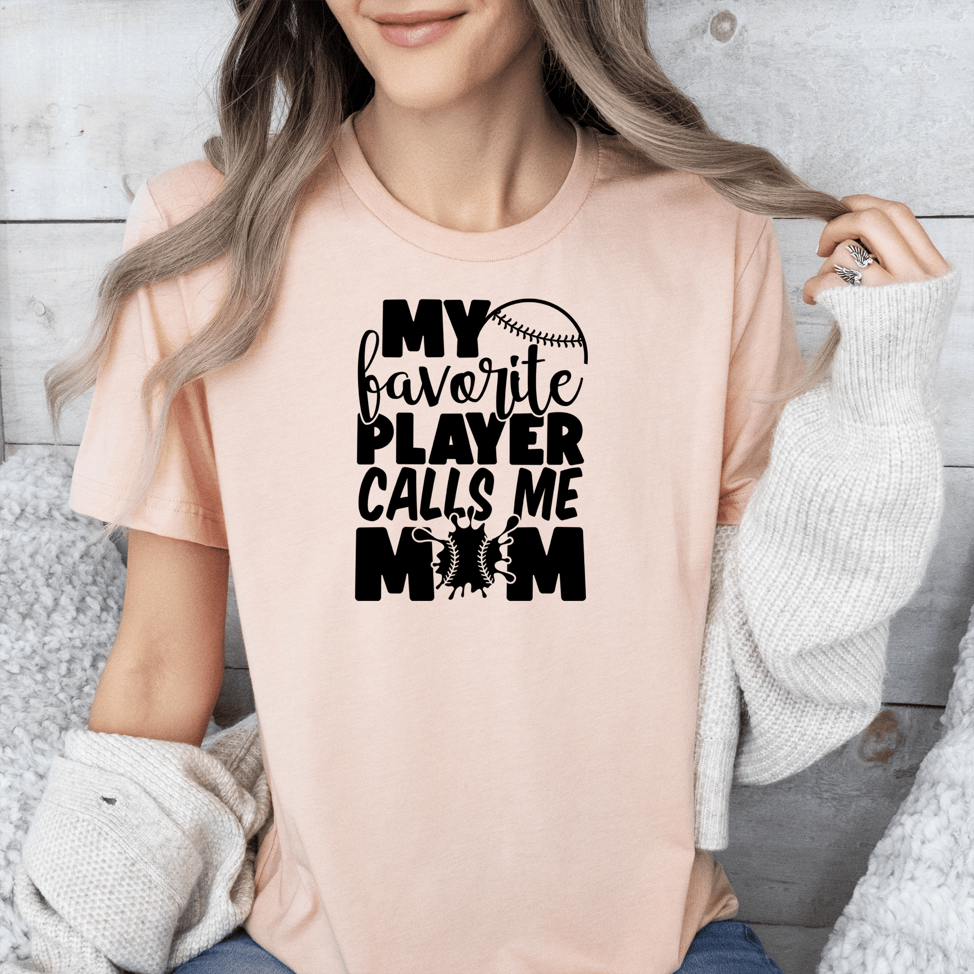 Womens Heather Peach T Shirt with My-Favorite-Player-Calls-Me-Mom design