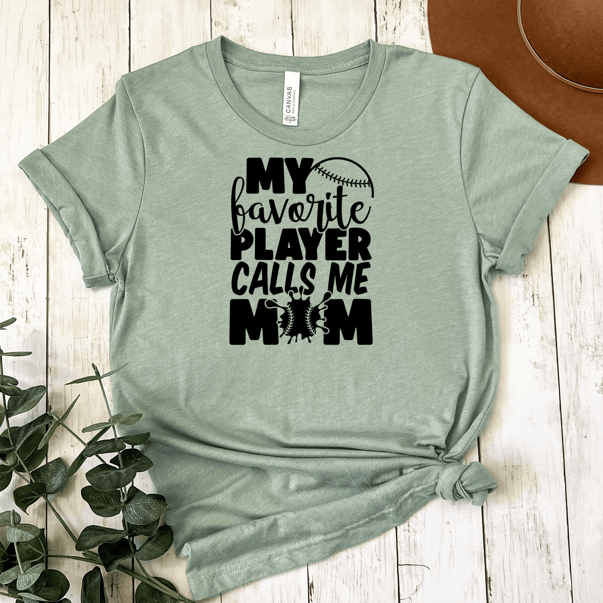 Womens Light Green T Shirt with My-Favorite-Player-Calls-Me-Mom design