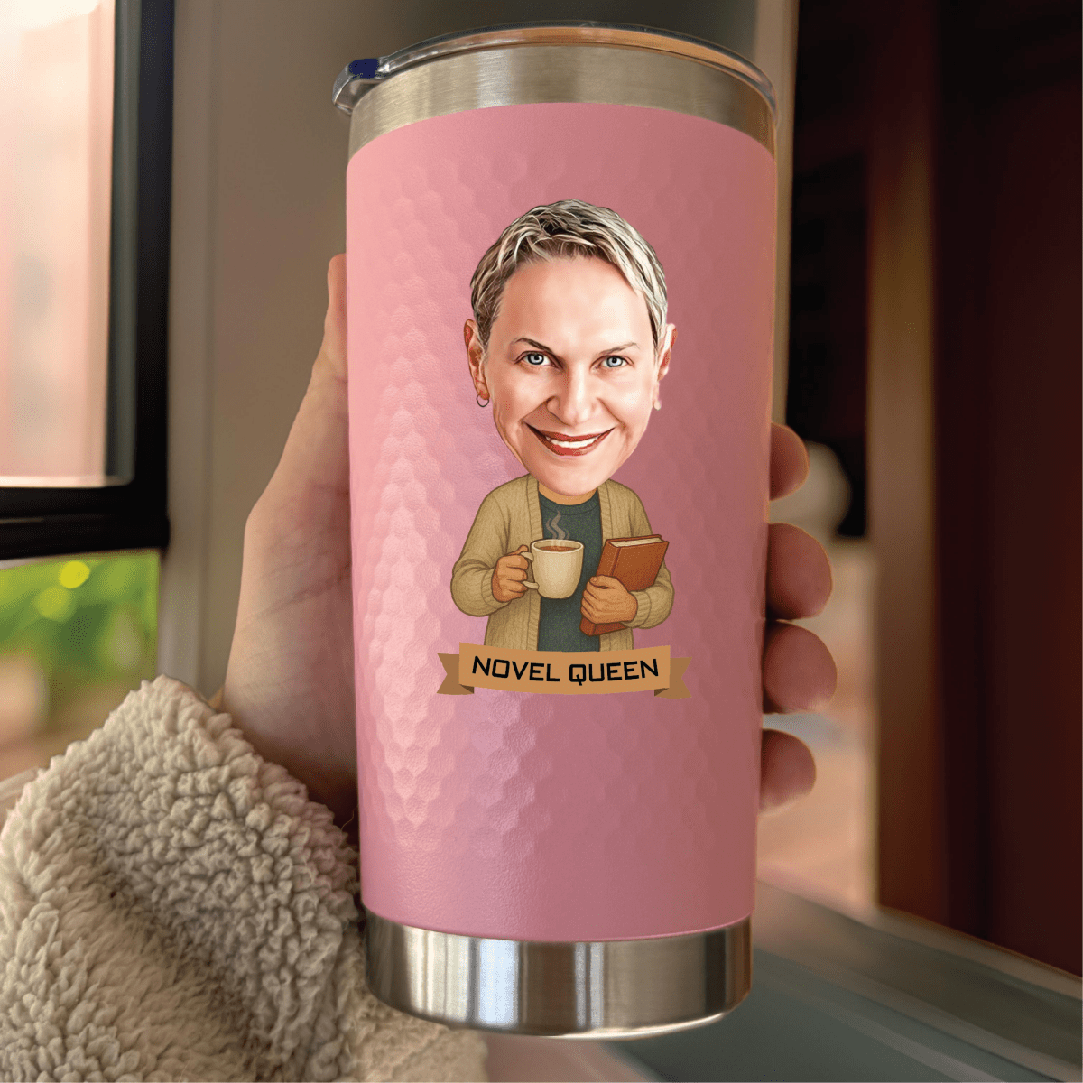custom caricature tumbler gift for book lover woman with personalized photo design