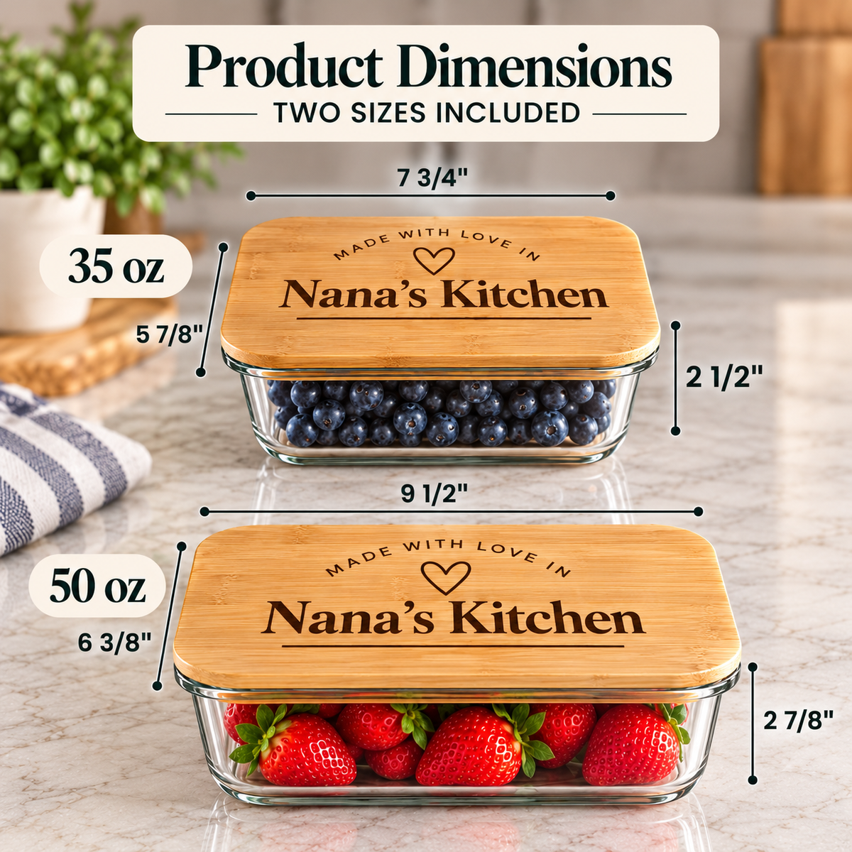 Two clear glass storage containers with bamboo lids are shown on a kitchen counter, labeled with dimensions and capacities: a 35 oz container holding blueberries and a 50 oz container holding strawberries. Text at the top reads 'Product Dimensions Two Sizes Included'.