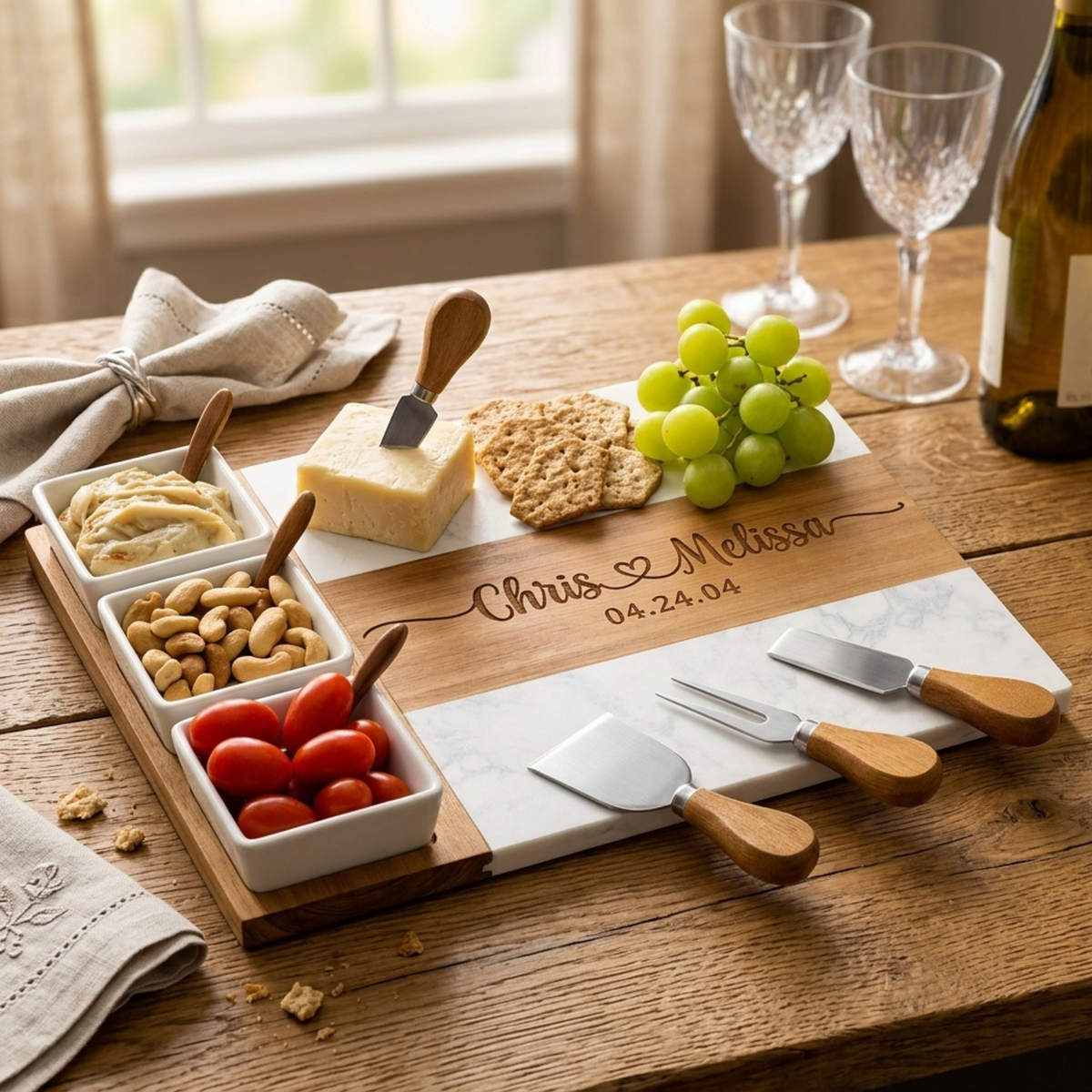 Personalized wedding charcuterie board engraved with the couple's names and their wedding date, styled with crackers and grapes.