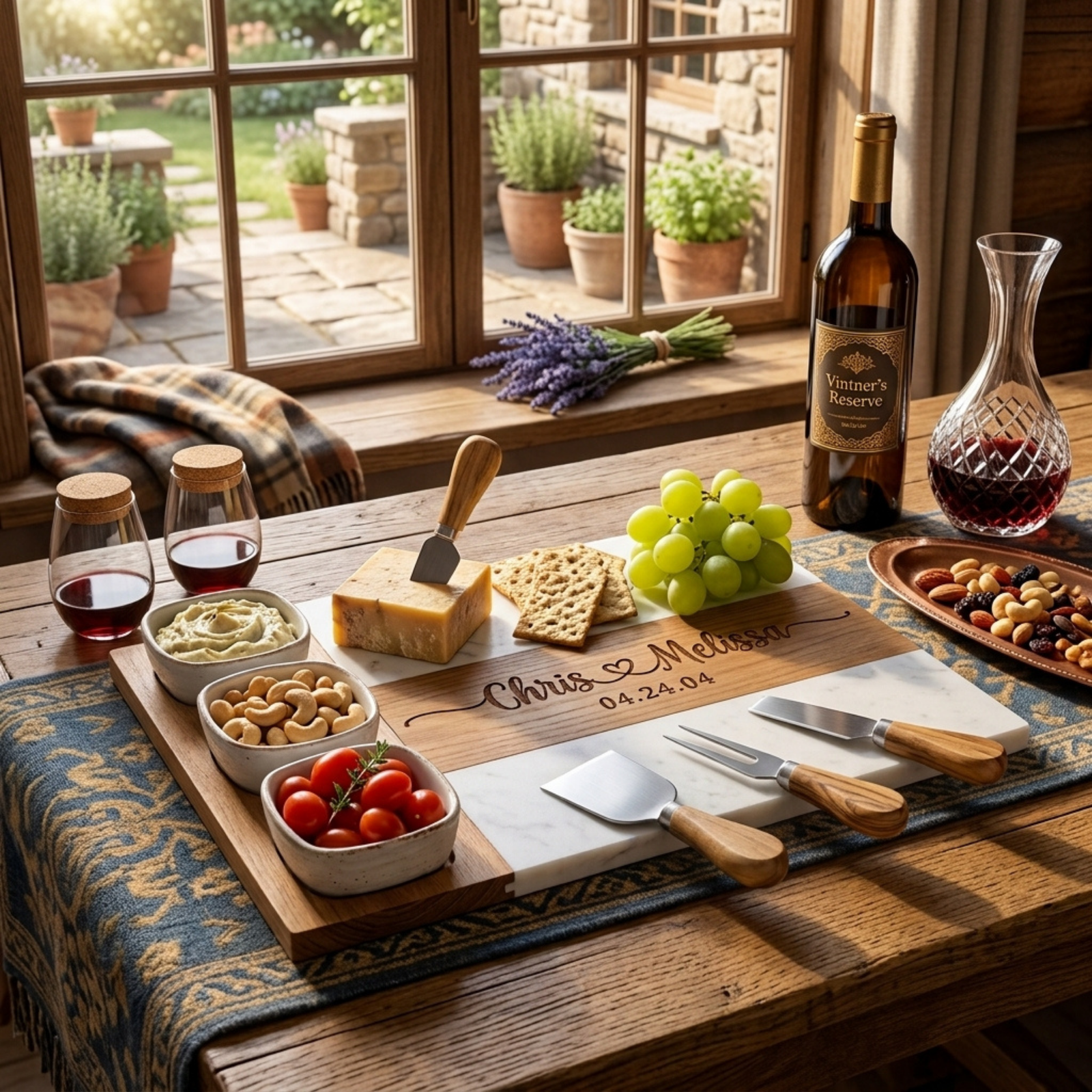 Wooden and marble charcuterie board engraved with two names and a date, served with cheese, grapes, nuts and wine glasses.