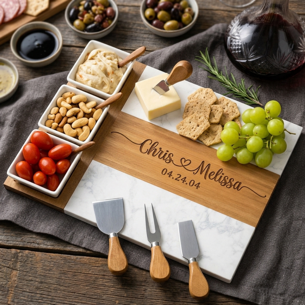 Personalized couples charcuterie board engraved with two names, a heart and a wedding date, styled with cheese, crackers and grapes.