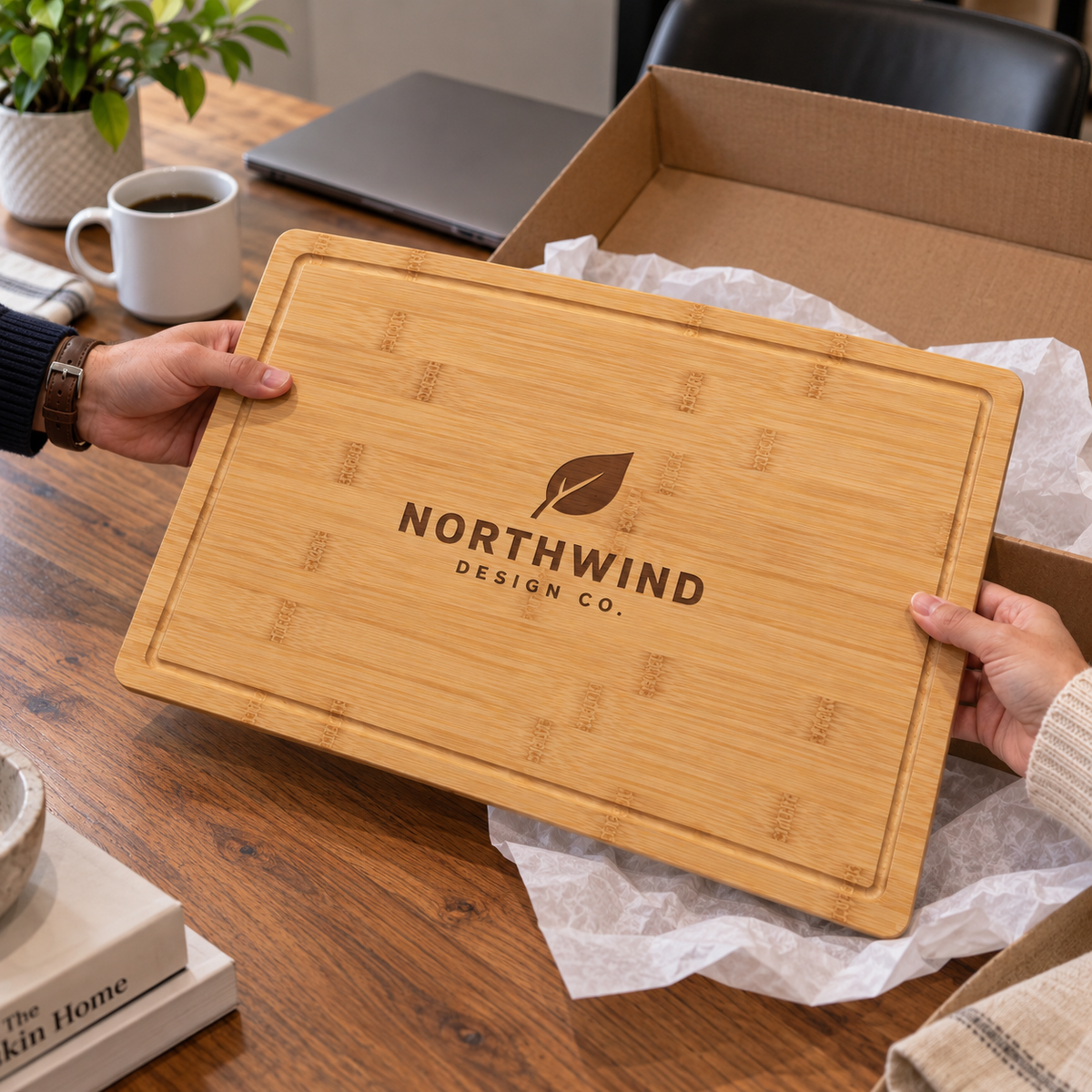 A rectangular bamboo cutting board with rounded corners and the engraved brand name NORTHWIND DESIGN CO. is held by two hands over an open cardboard shipping box on a wooden table.