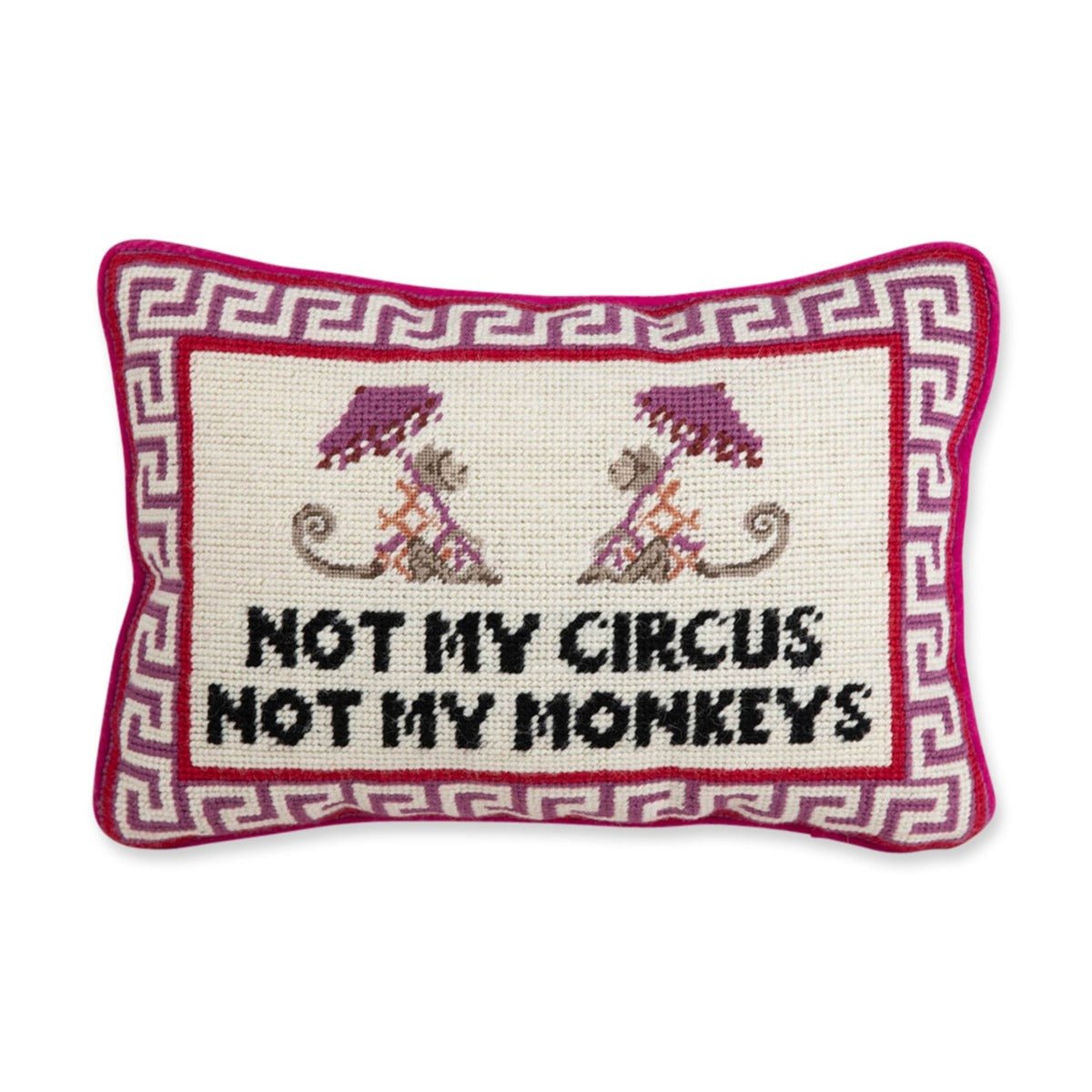 Not My Circus needlepoint pillow featuring wool embroidery on the front and luxurious cotton velvet back, measuring 10x14 inches, a witty accent piece.