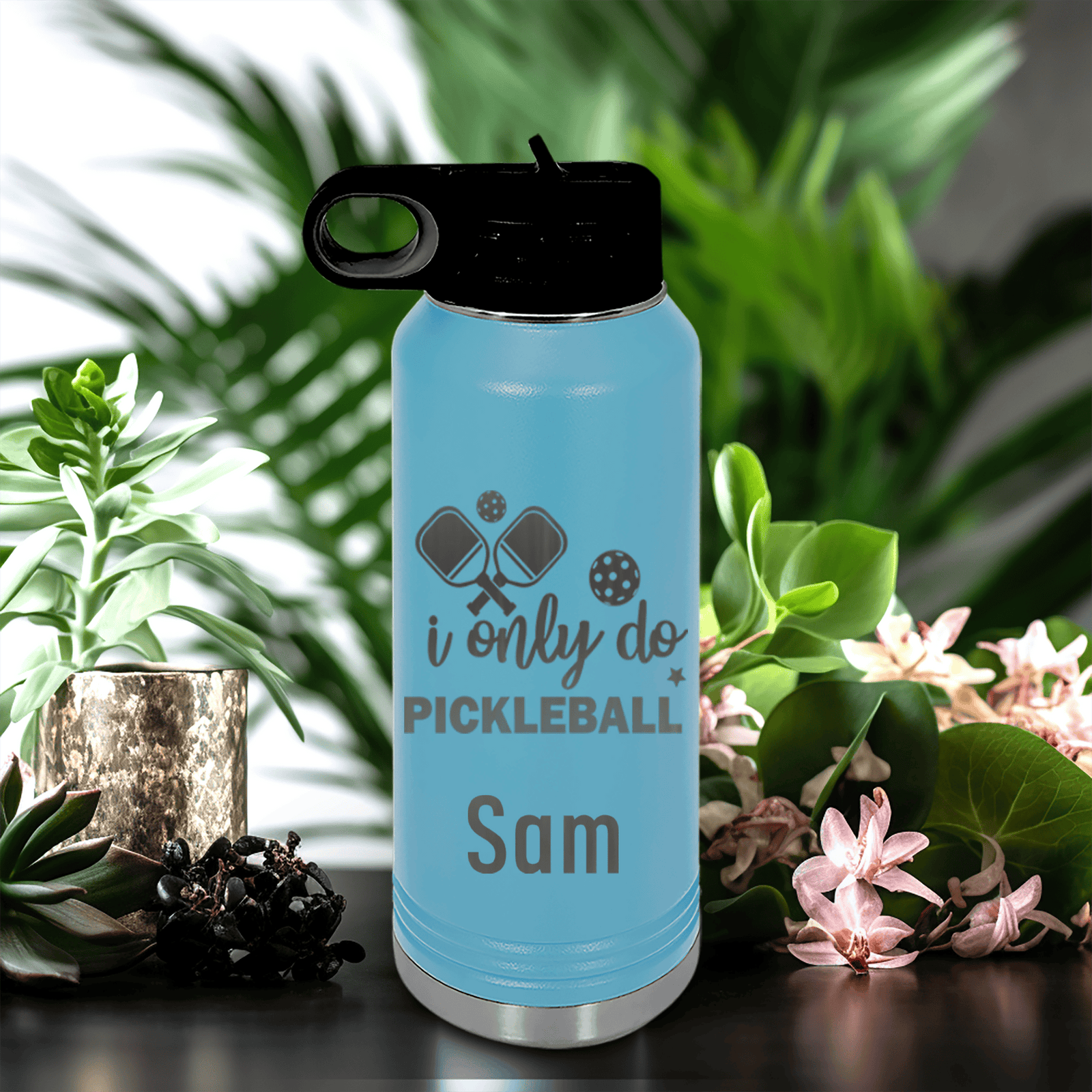 Light Blue Pickleball Water Bottle With Nothin But Pickle Design