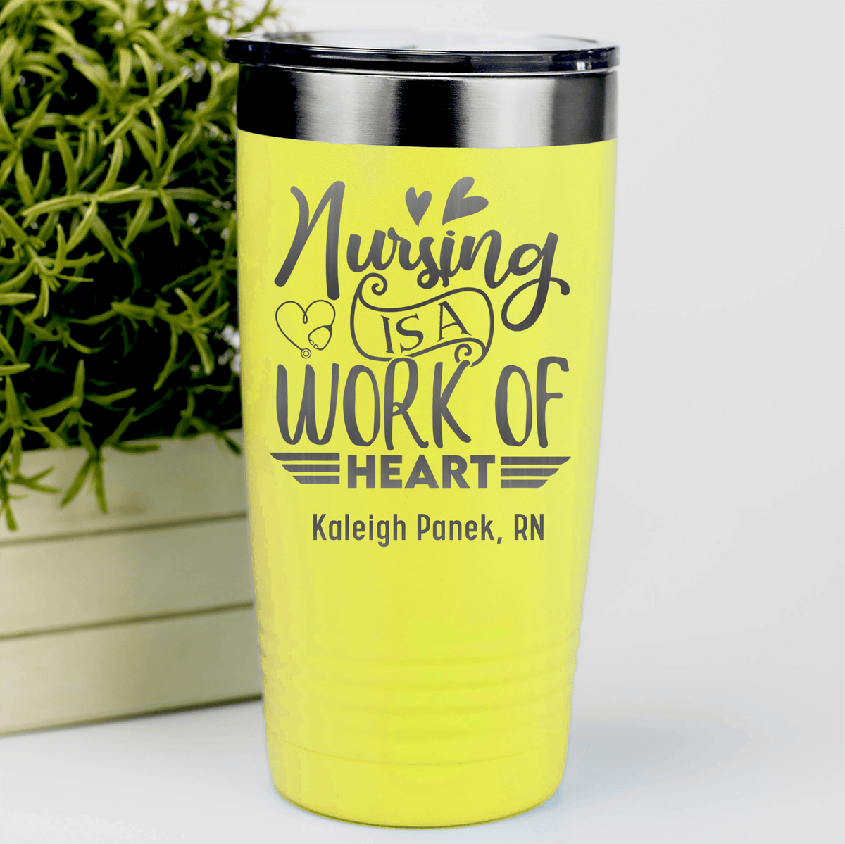 Yellow Nurse Tumbler With Nursing Is Work Of Heart Design