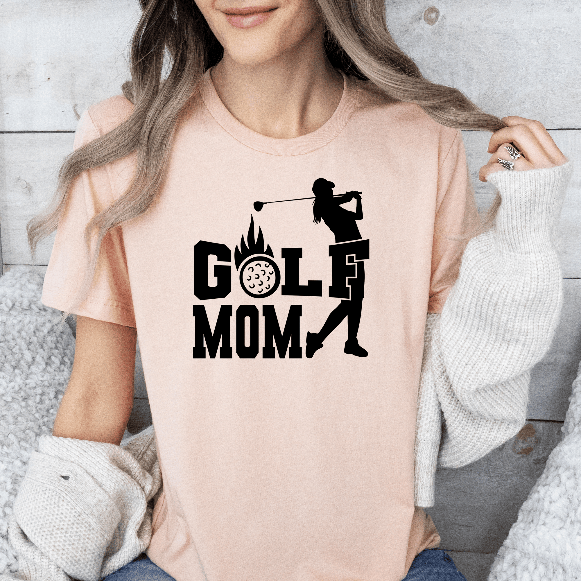 Womens Heather Peach T Shirt with On-Fire-Golf-Mom design