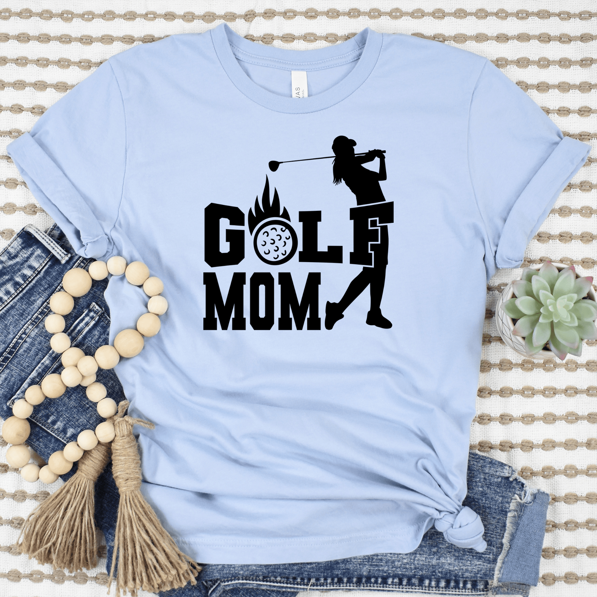 Womens Light Blue T Shirt with On-Fire-Golf-Mom design