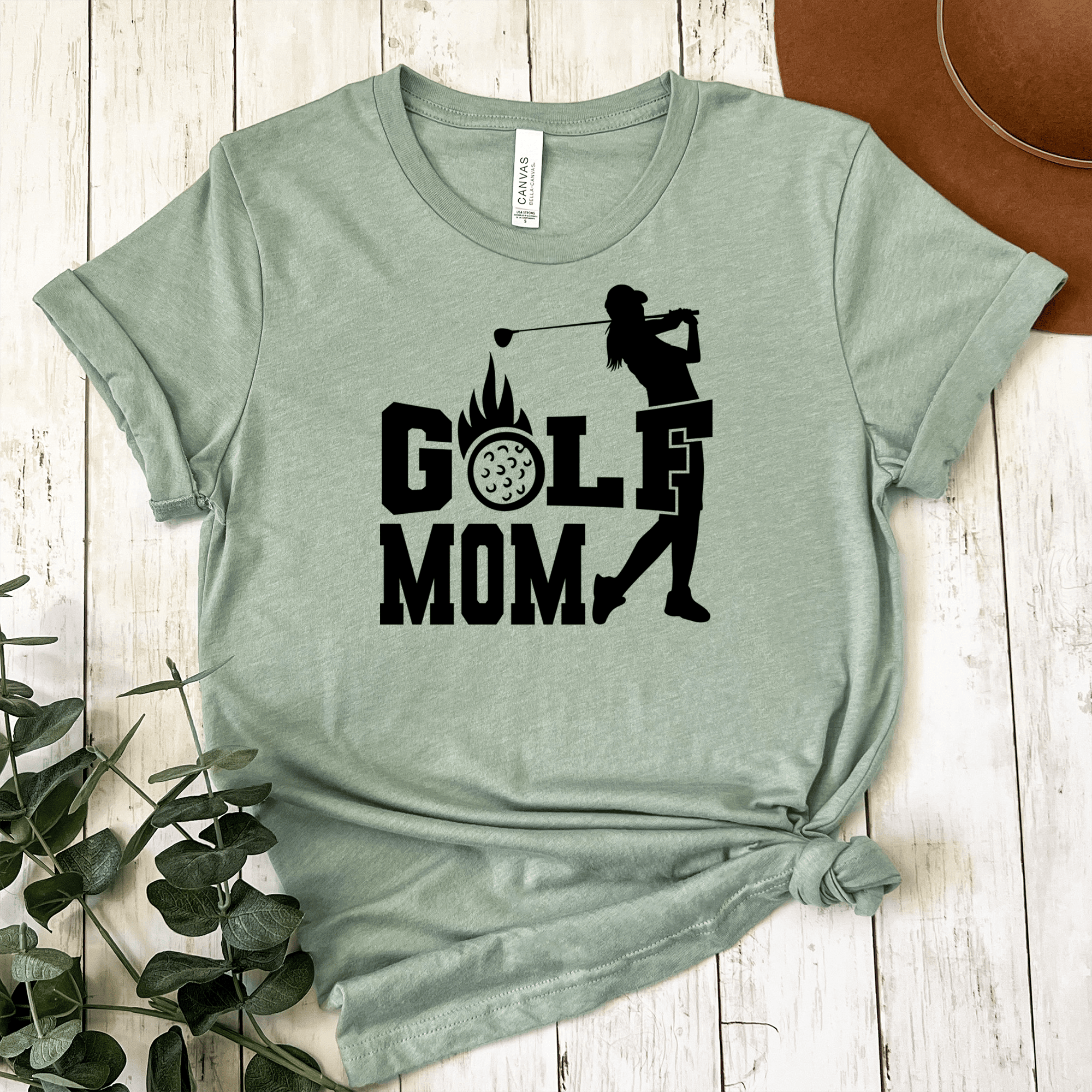 Womens Light Green T Shirt with On-Fire-Golf-Mom design