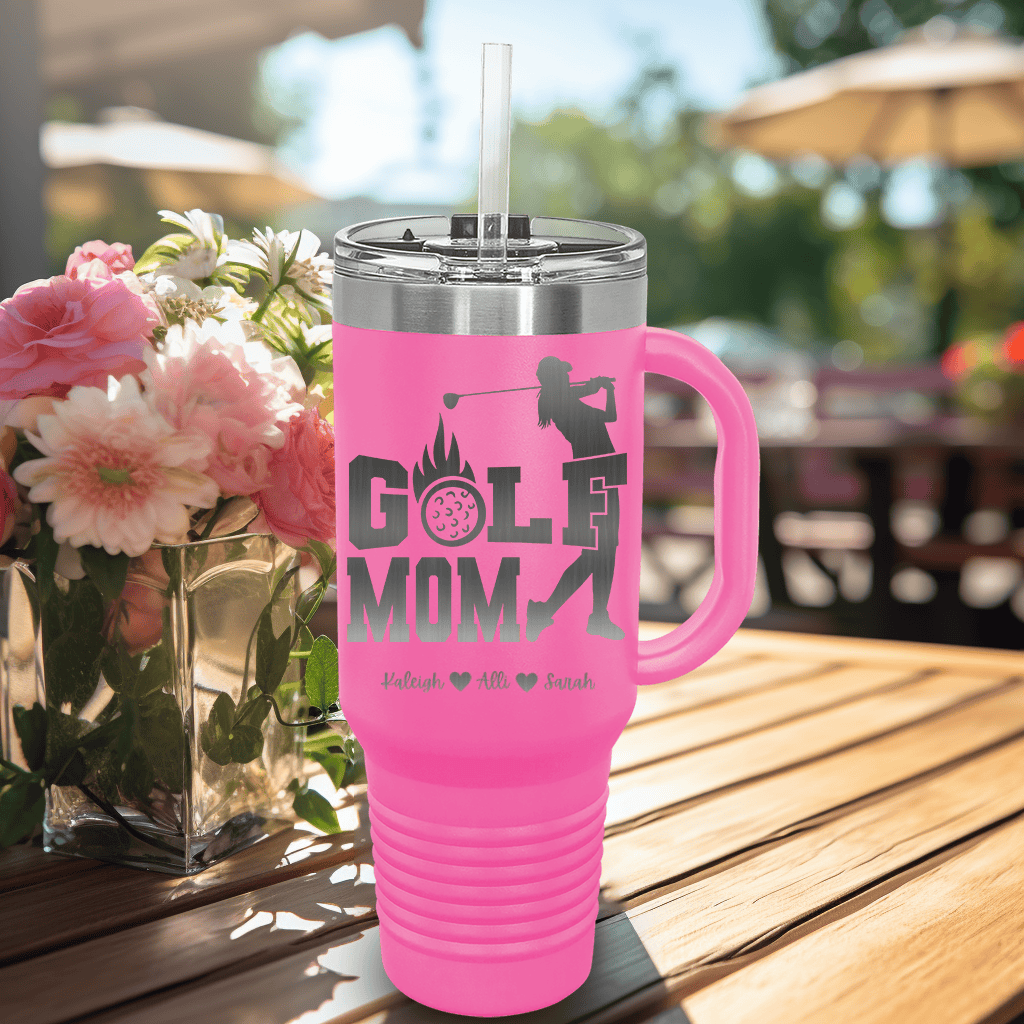 Pink Golf Mom Travel Mug With Handle With On Fire Golf Mom Design