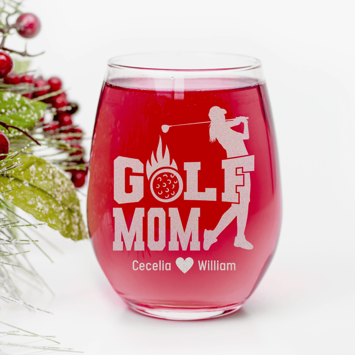 Personalized On Fire Golf Mom Stemless Wine Glass for her, Customized Gifts for Women by Groovy Girl Gifts