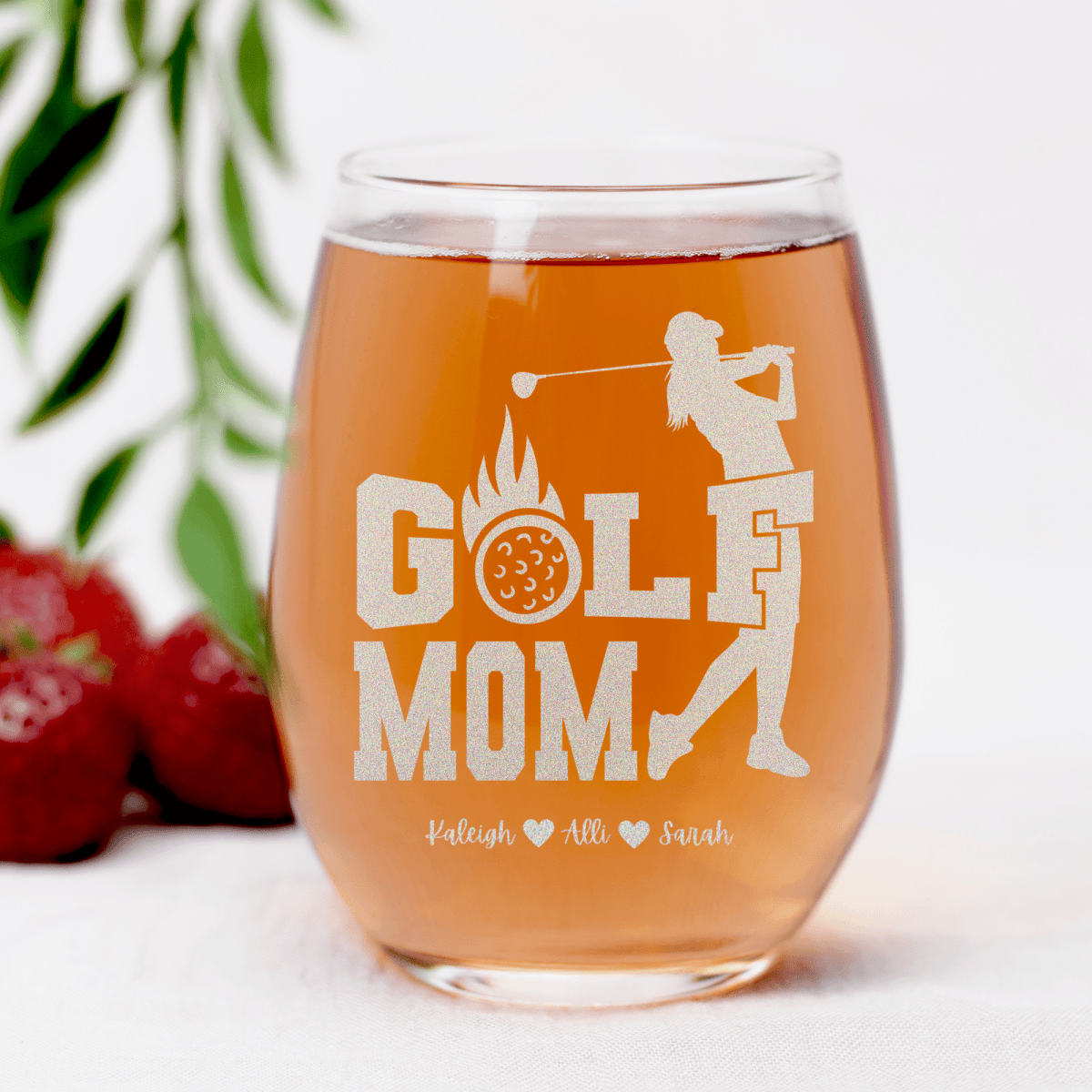 Personalized On Fire Golf Mom Stemless Wine Glass for her, Customized Gifts for Women by Groovy Girl Gifts