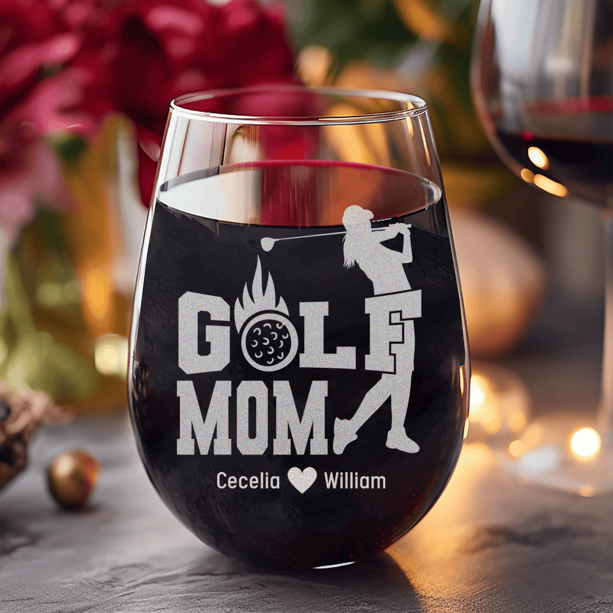 Personalized On Fire Golf Mom Stemless Wine Glass for her, Customized Gifts for Women by Groovy Girl Gifts