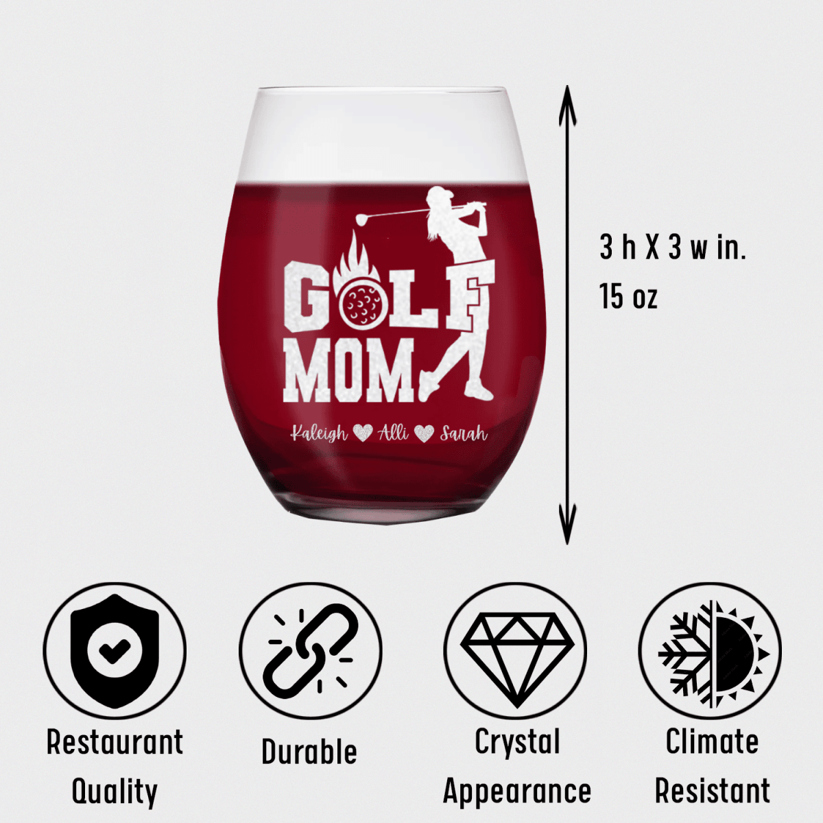 Personalized On Fire Golf Mom Stemless Wine Glass for her, Customized Gifts for Women by Groovy Girl Gifts