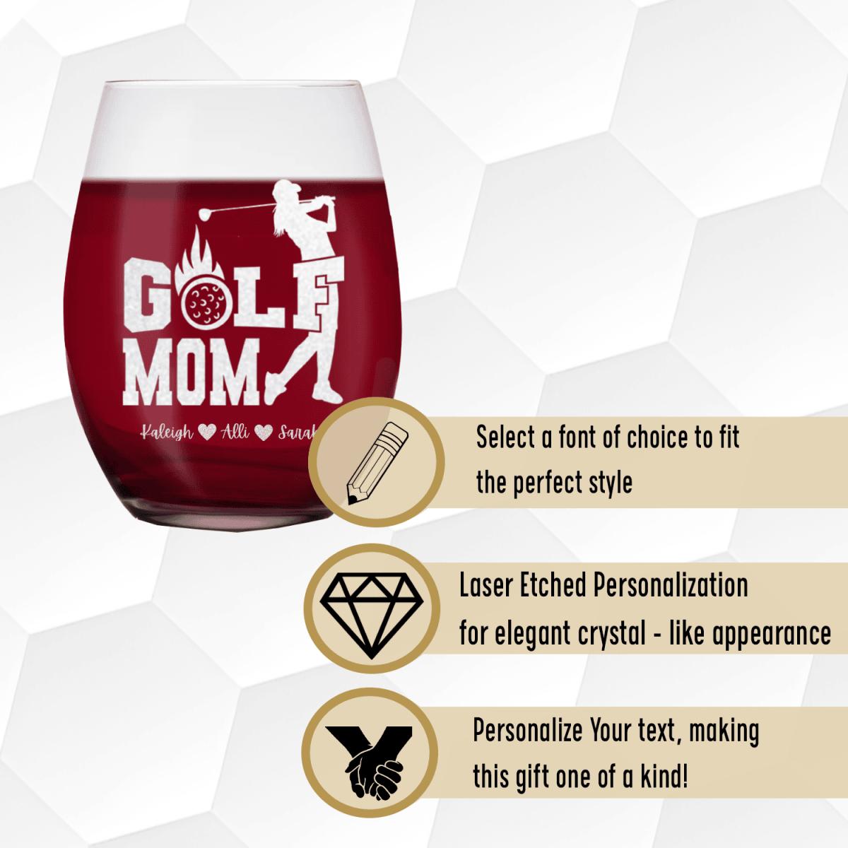 Personalized On Fire Golf Mom Stemless Wine Glass for her, Customized Gifts for Women by Groovy Girl Gifts