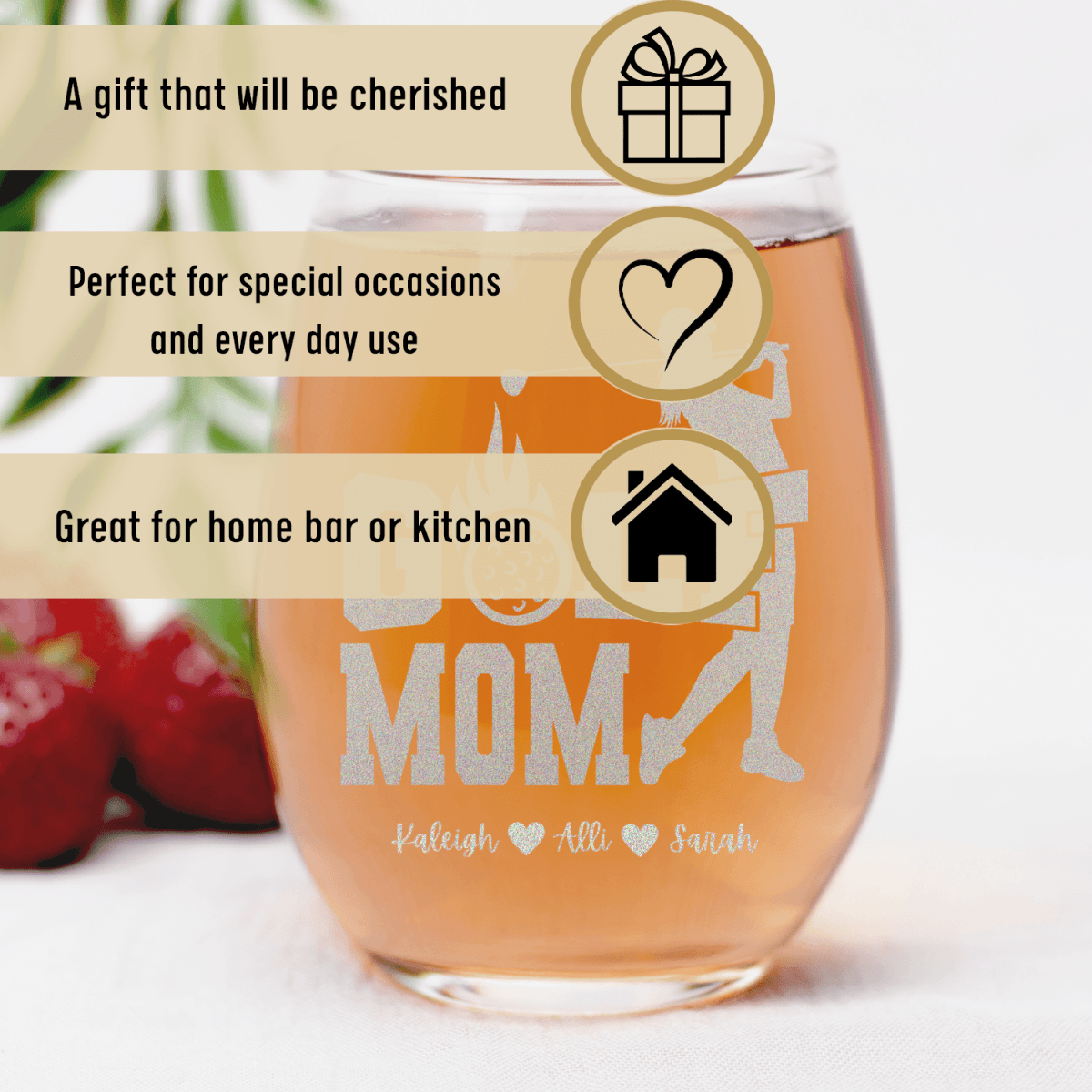 Personalized On Fire Golf Mom Stemless Wine Glass for her, Customized Gifts for Women by Groovy Girl Gifts