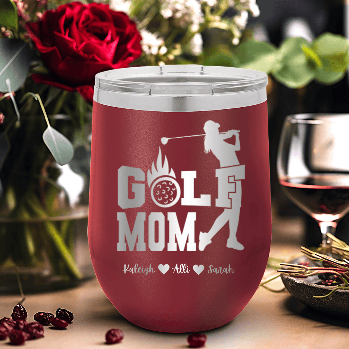 Maroon Golf Mom Wine Tumbler With On Fire Golf Mom Design