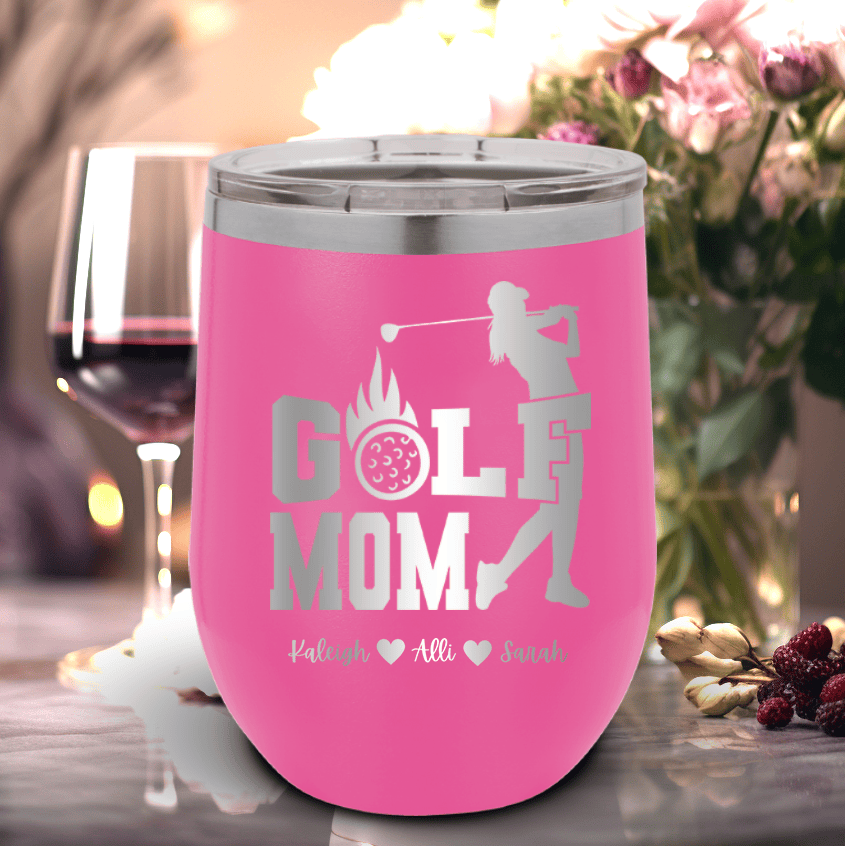 Pink Golf Mom Wine Tumbler With On Fire Golf Mom Design