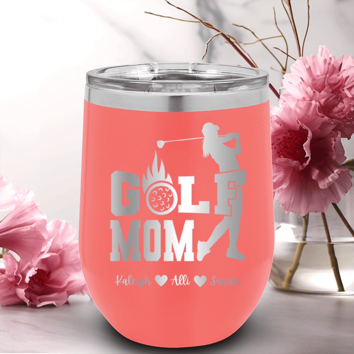 Salmon Golf Mom Wine Tumbler With On Fire Golf Mom Design