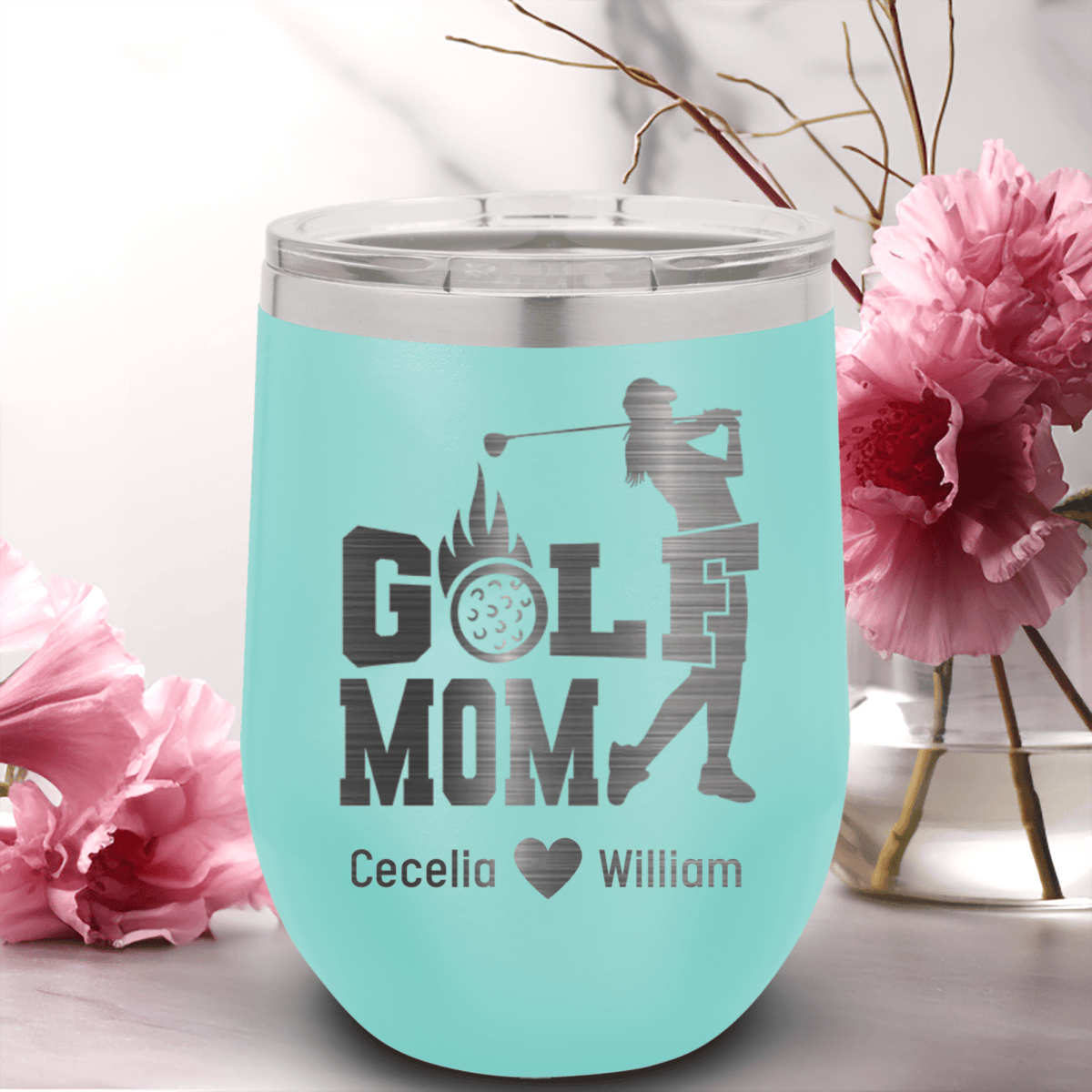 Pink Golf Mom Wine Tumbler With On Fire Golf Mom Design