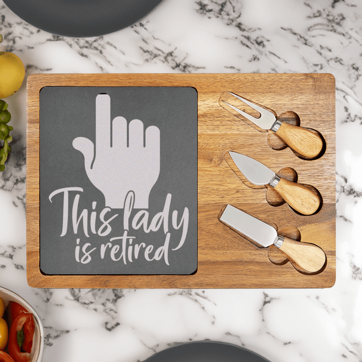 Personalized One Retired Lady Wood Slate Serving Tray for her, Customized Gifts for Women by Groovy Girl Gifts