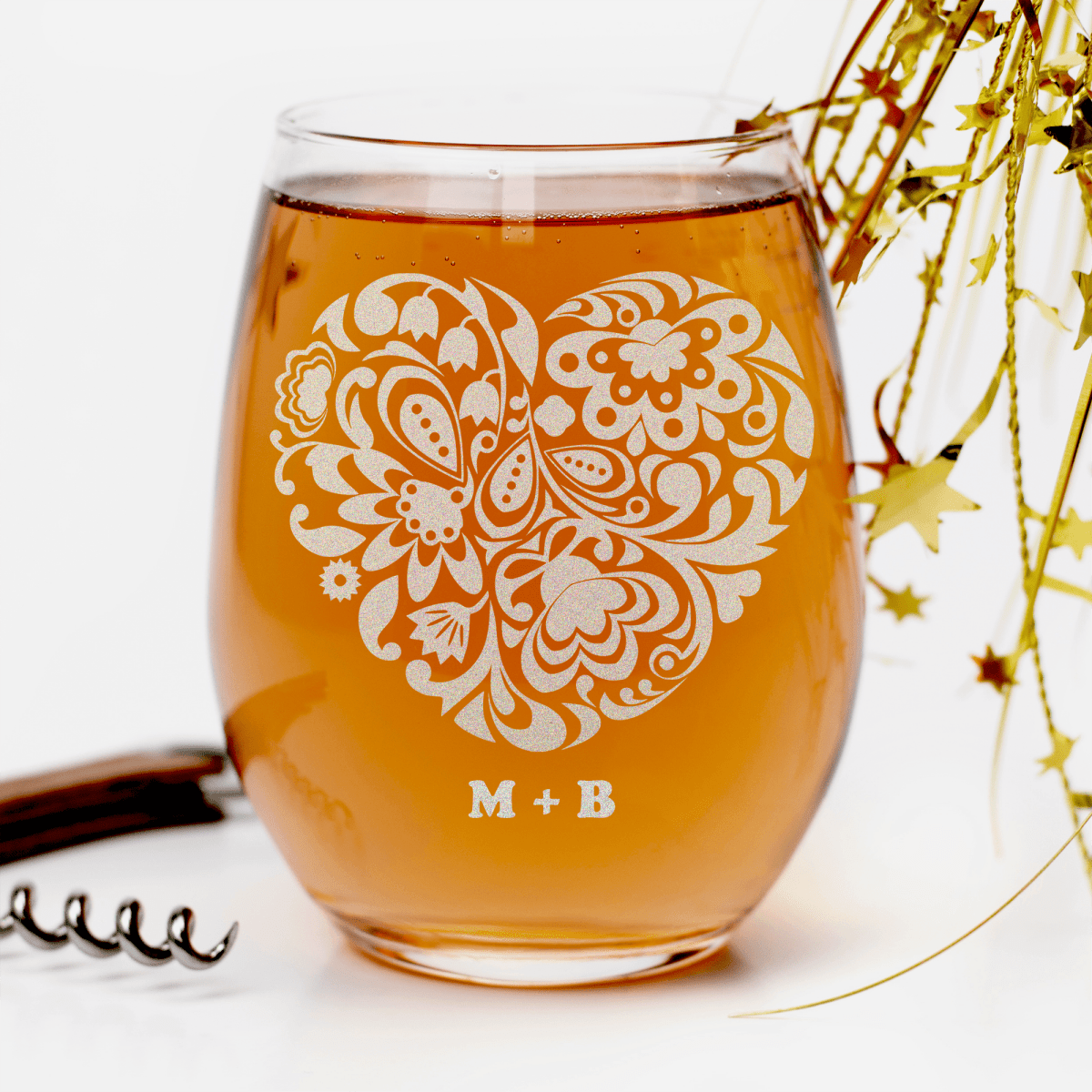 Personalized Paper Heart Strings Stemless Wine Glass for her, Customized Gifts for Women by Groovy Girl Gifts