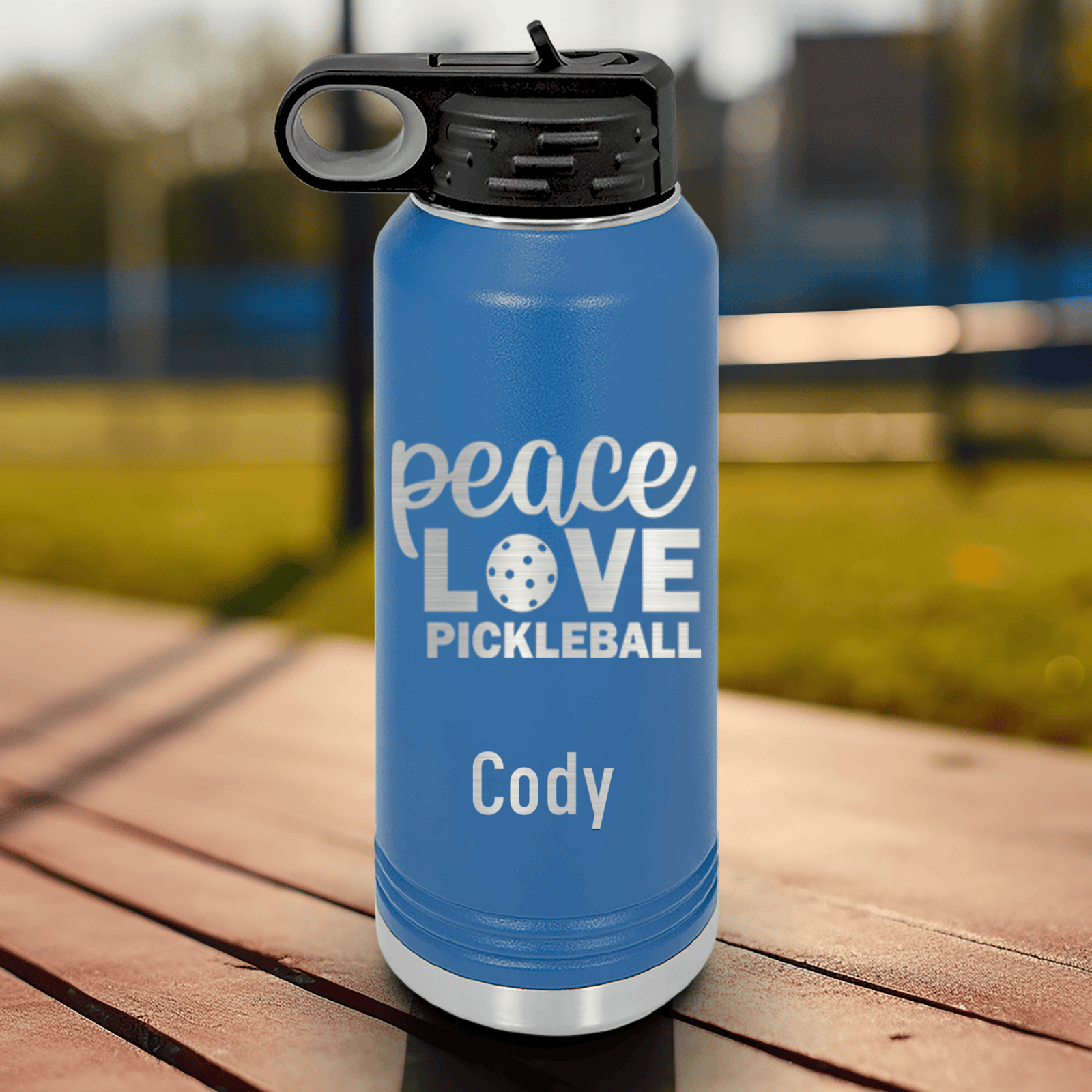 Blue Pickleball Water Bottle With Peace Love Pickleball Design