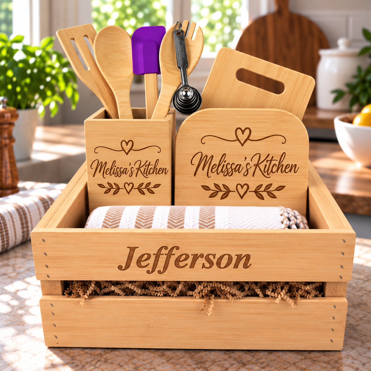 Wood crate engraved with a family name holding a utensil holder and bamboo lid engraved Melissa's Kitchen with hearts and leaves, bamboo utensils and a striped towel