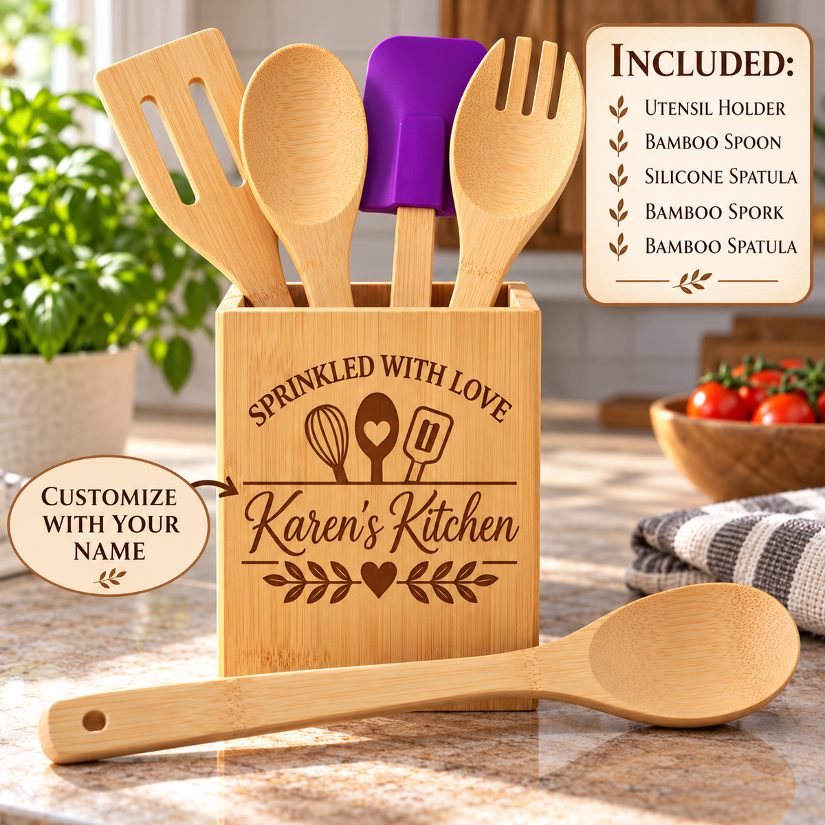 Bamboo utensil holder engraved Karen's Kitchen in the Sprinkled With Love design holding a slotted spatula, spork, spoon and purple spatula, with the included list
