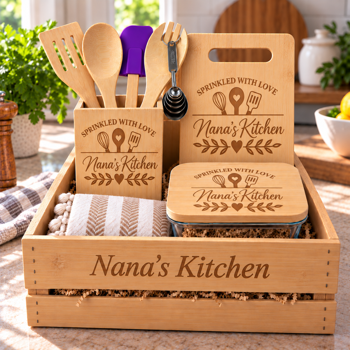 Wood crate engraved Nana's Kitchen with a utensil holder, cutting board and glass container lid engraved Sprinkled With Love Nana's Kitchen, a kitchen gift for mom