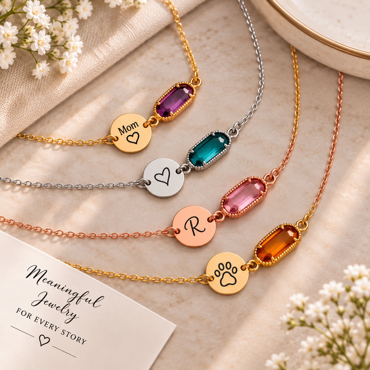 Four personalized necklaces with oval gemstone pendants and round engraved nameplates are arranged on a beige fabric surface with small white flowers. The necklaces are in gold, silver, rose gold, and copper tones, with oval stones in purple, teal, pink, and amber.