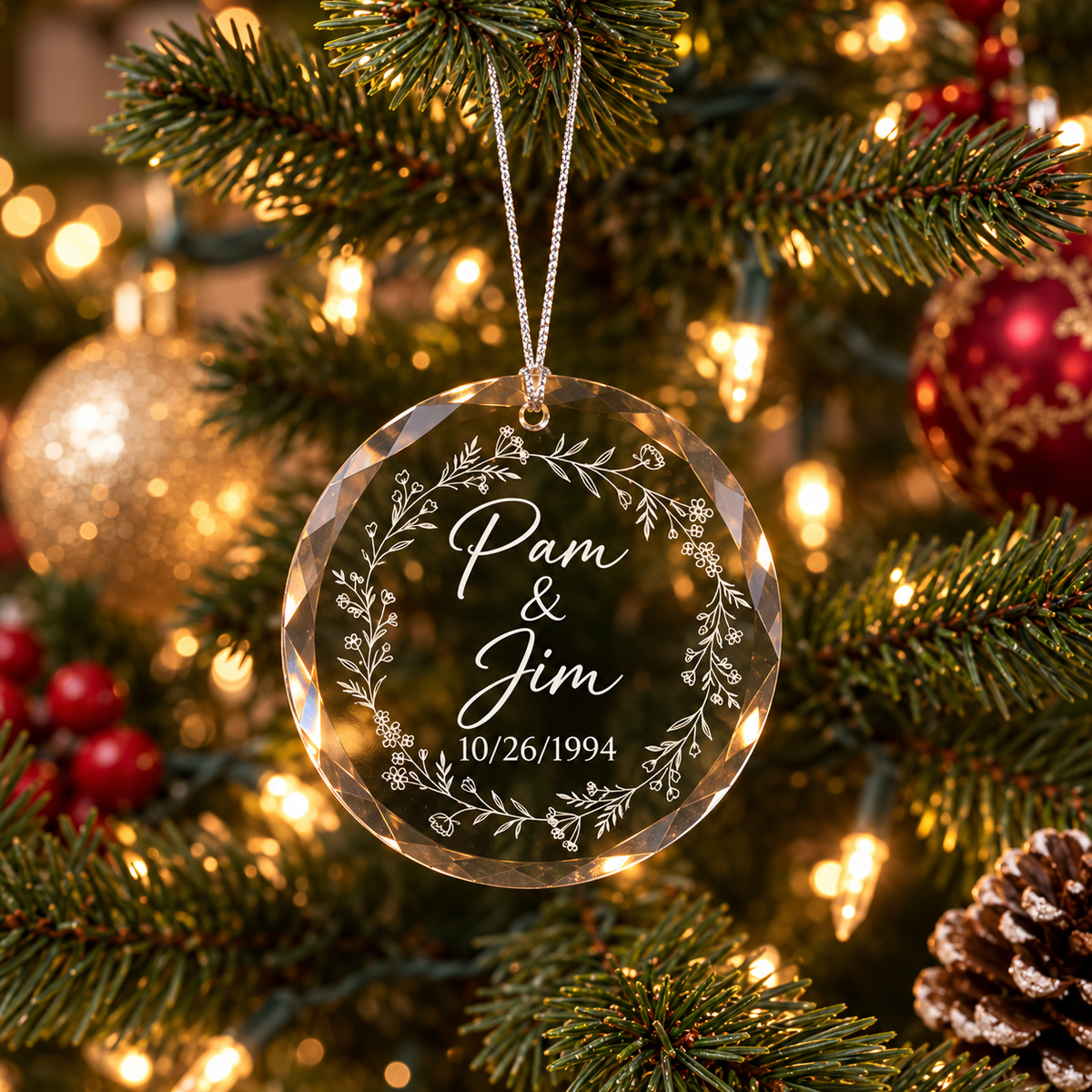 Round faceted glass Christmas ornament engraved with two names and an anniversary date inside a floral wreath, hanging by a silver cord on a Christmas tree