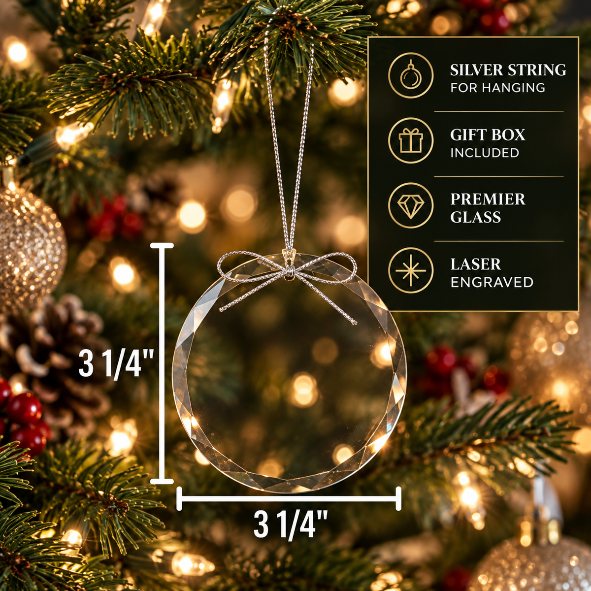 Infographic showing the glass Christmas ornament's 3 and a quarter inch diameter with feature callouts for silver string, gift box included, premier glass, and laser engraving