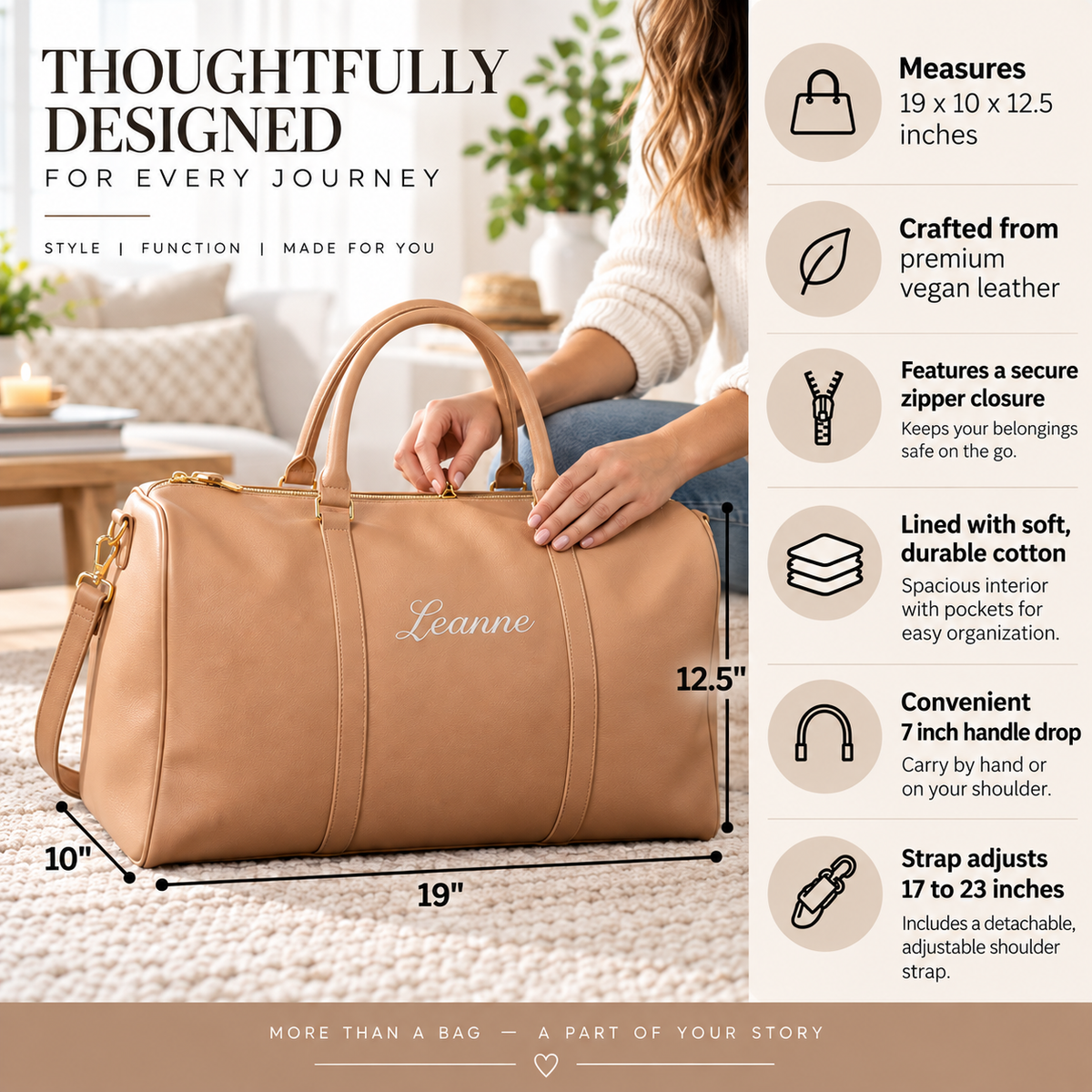 A tan leather duffel bag with a personalized name 'Leanne' on the front, shown in a lifestyle setting with a woman's hands on it. The image includes dimension callouts (10, 19, 12.