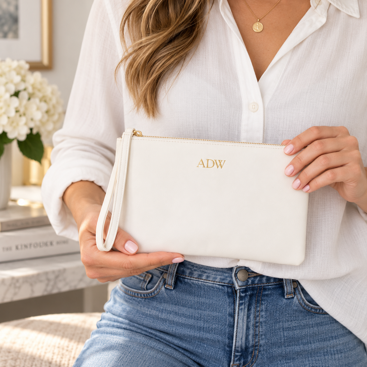 A woman in a white button-down shirt and blue jeans holds a cream-colored leather wristlet clutch with gold zipper and gold monogram initials 'ADW' on the front.
