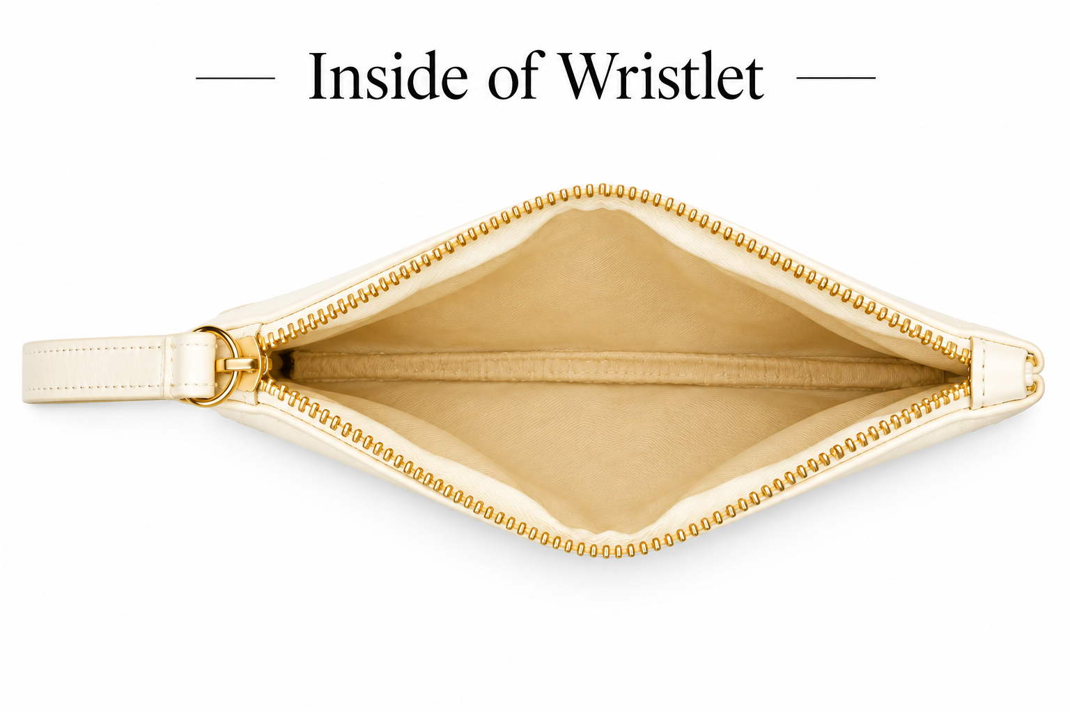 Interior view of the cream vegan leather wristlet, unzipped to show the soft lining, illustrating the compact interior storage space.