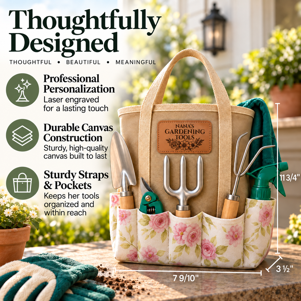 A canvas gardening tool tote bag with floral pockets and garden tools inside, shown outdoors on a stone surface with text callouts and dimensions. The bag has a tan leather patch reading 'NANA'S GARDENING TOOLS' and the scene includes descriptive marketing text on the left.