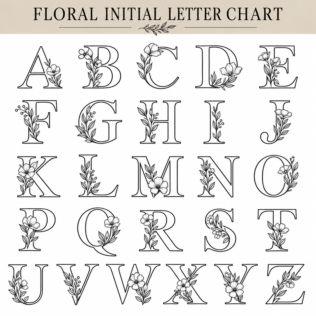 A floral initial letter chart showing the alphabet from A to Z, each letter decorated with delicate black line drawings of flowers and leaves. The title 'FLORAL INITIAL LETTER CHART' appears at the top on a beige banner.