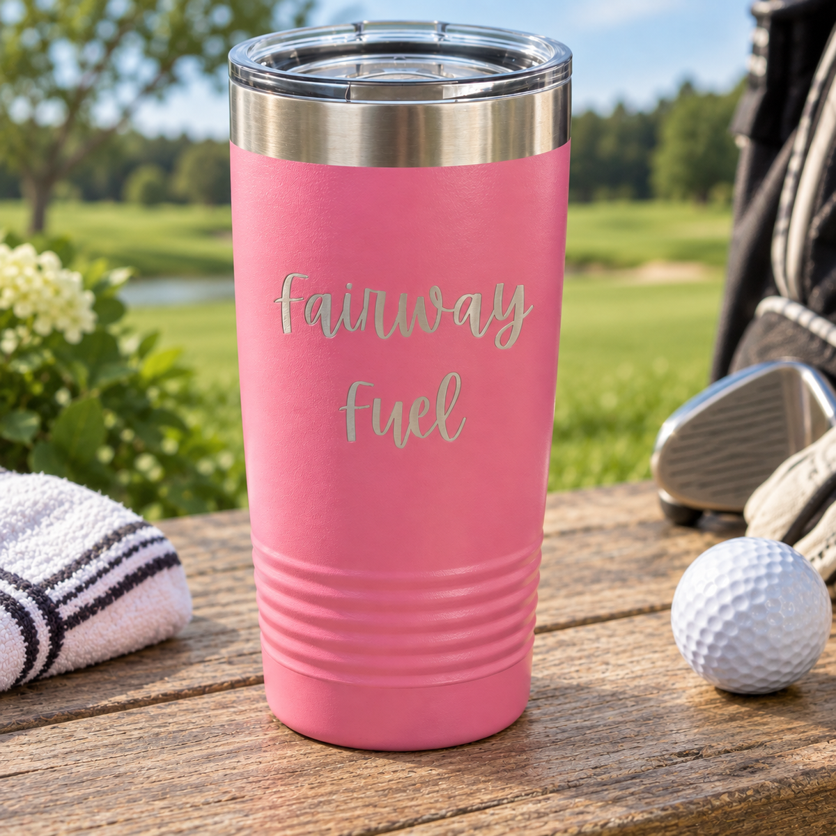Pink 20oz personalized golf tumbler laser engraved with the phrase Fairway Fuel, shown on a wooden table with a golf towel, iron, and golf ball outdoors.