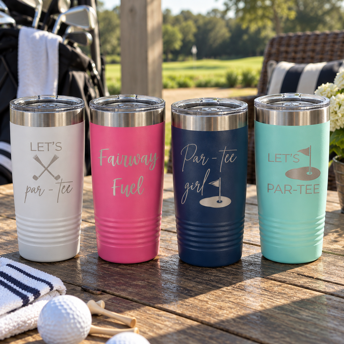 Four personalized golf tumblers in white, pink, navy, and teal, each laser engraved with a different golf-themed saying, displayed on an outdoor table.