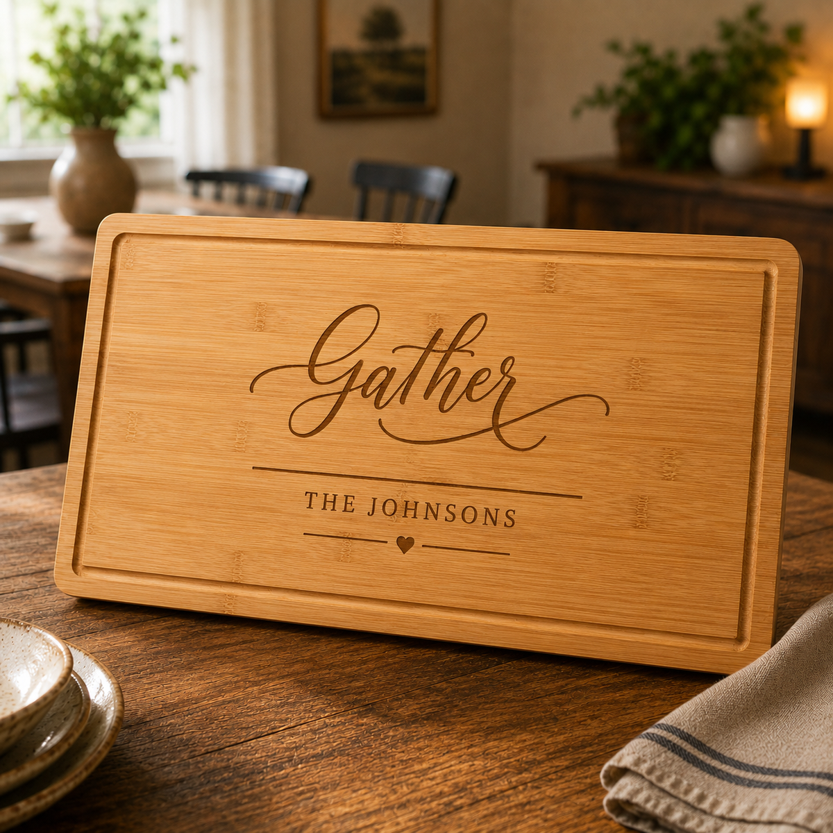 A rectangular bamboo cutting board with rounded corners, engraved with the word 'Gather' and the name 'THE JOHNSONS' with a small heart, displayed on a wooden dining table in a warm, softly blurred home setting.